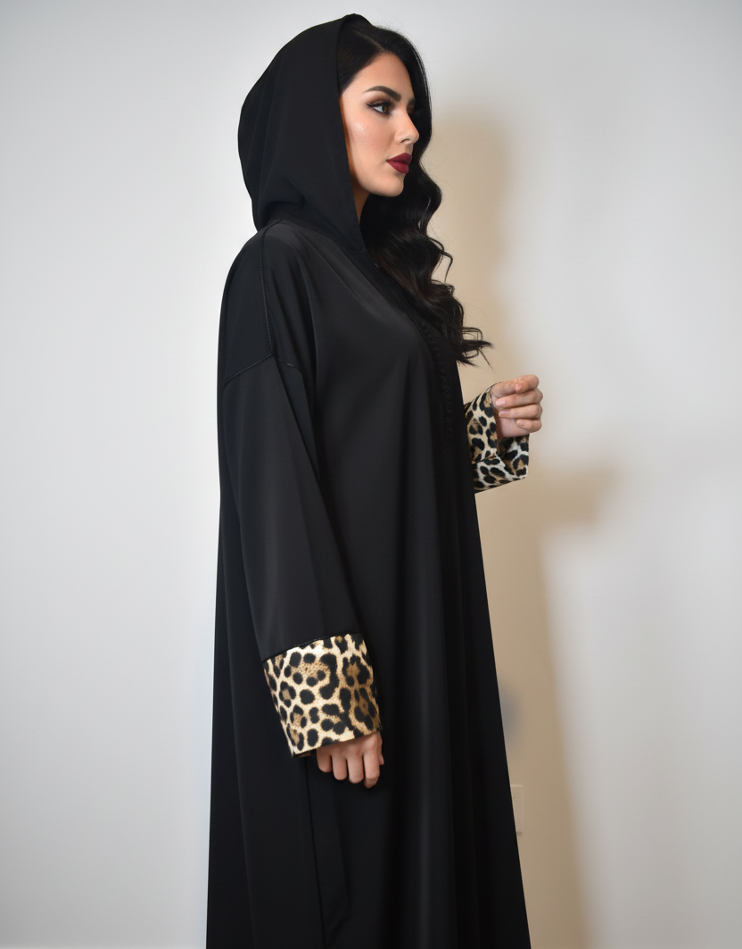 Black Leopard Abaya - Side Shot Black Exterior Hood