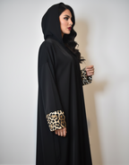 Black Leopard Abaya - Side Shot Black Exterior Hood