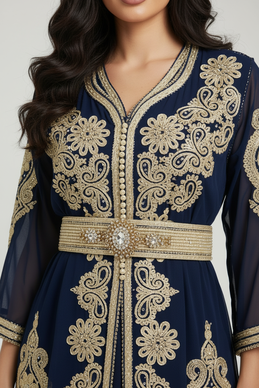 Close-Up Navy Kaftan on Model