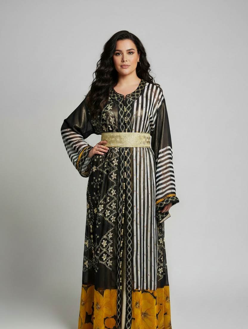 Full Length - Gold Model in Black Patchwork Caftan