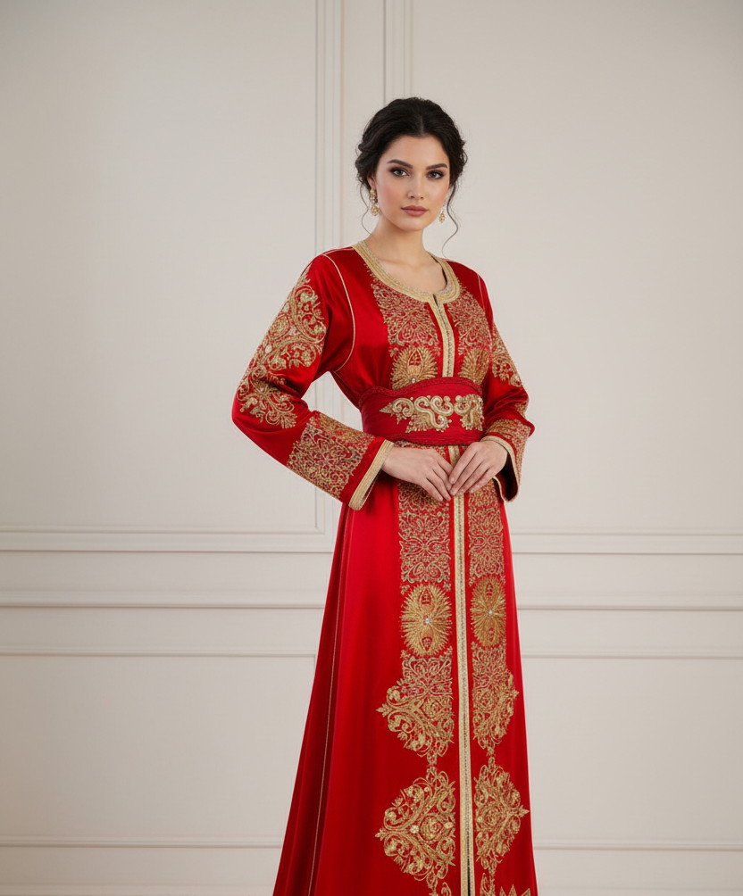 Woman wearing a red and gold embroidered dress against a white background