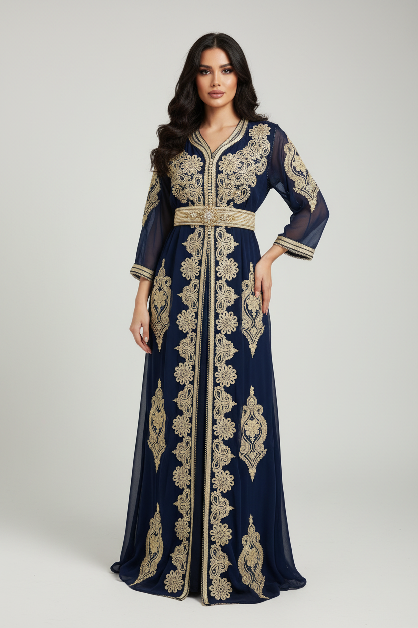 Navy Blue Moroccan Kaftan on Model