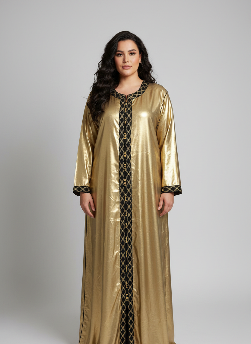 Plus Size Model in Gold Lamé Djellaba