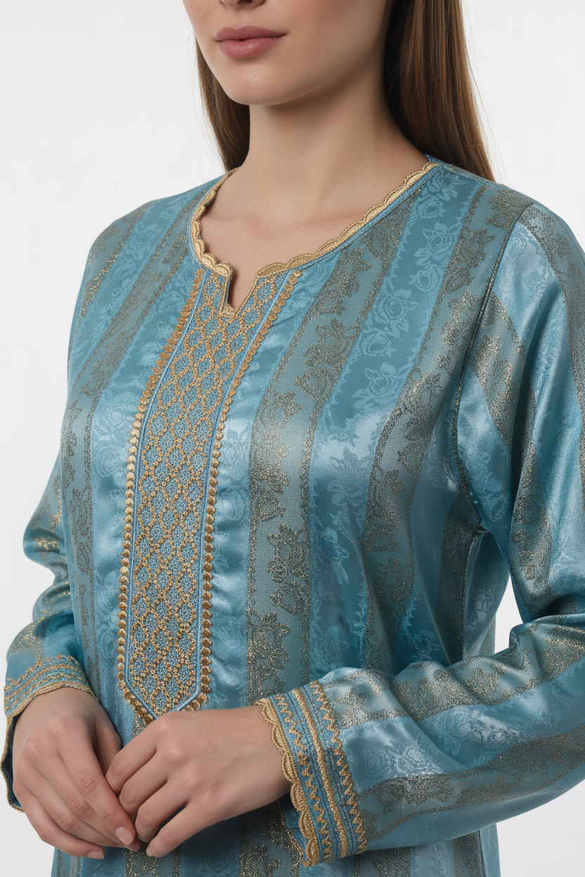 Teal Djellaba Close-Up on Size S Model
